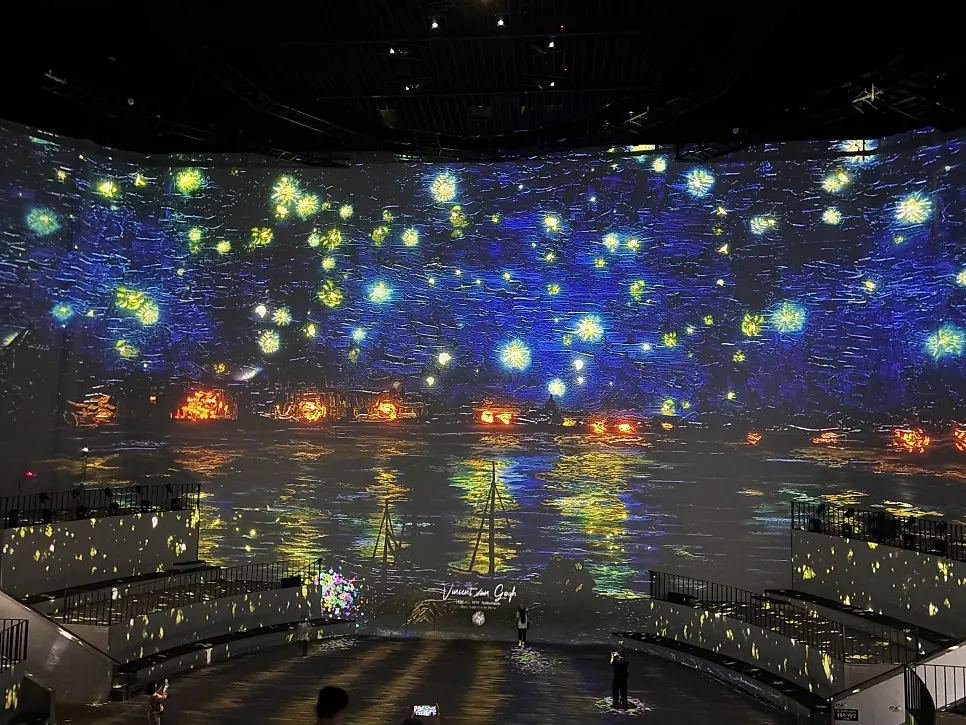 Graphics covering the floor and walls of the main hall