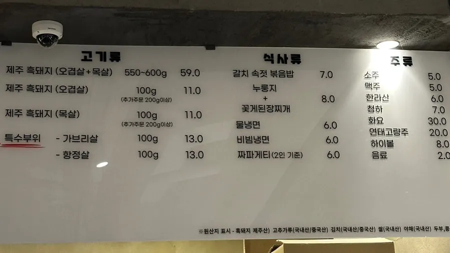 Menu board showing black pork and meal options
