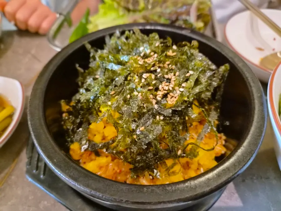 A bowl of Jeju galchi sokjeot fried rice