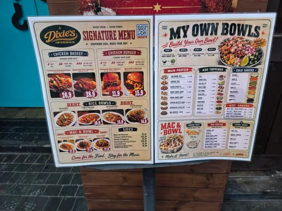 Dixie's menu board listing burgers and bowls