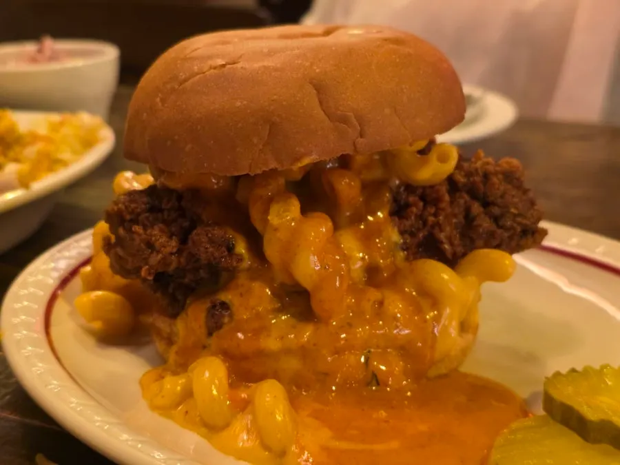 Dixie's burger, bowl, and side dishes laid out on the table