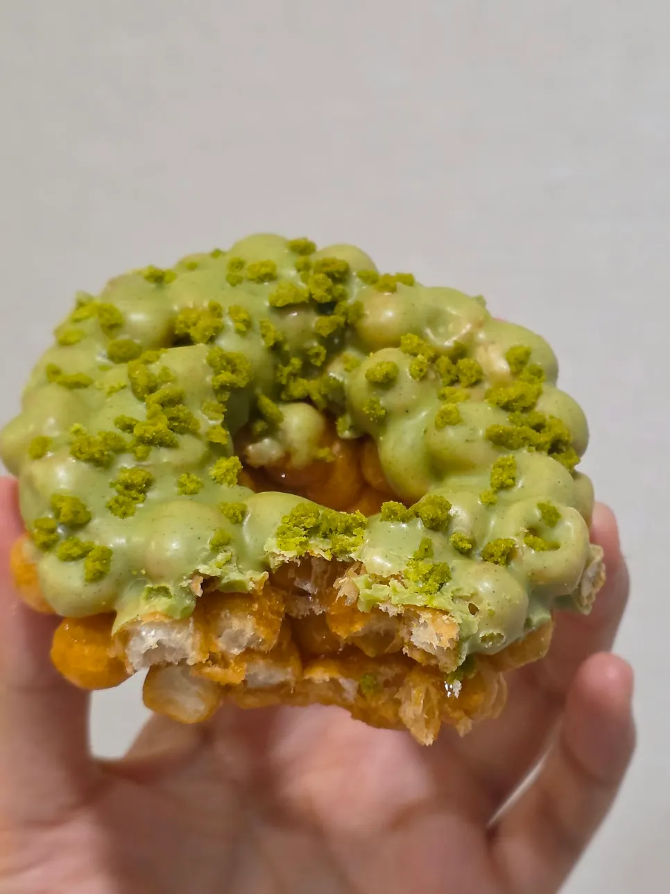Cross-section of a bitten green tea donut oranda