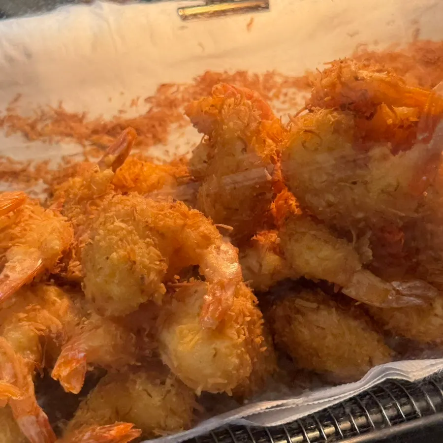 Close-up of crispy-battered whole shrimp tempura