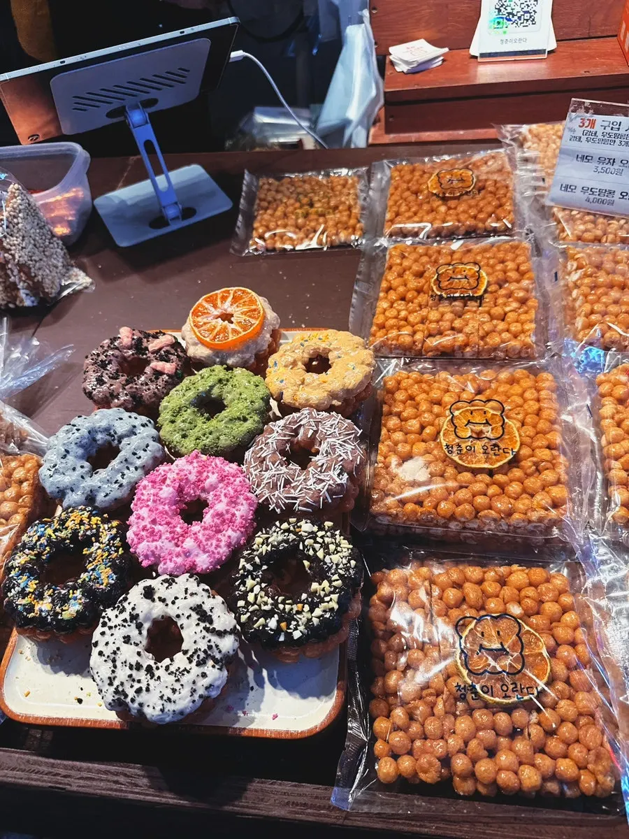 Colorful oranda donuts on display