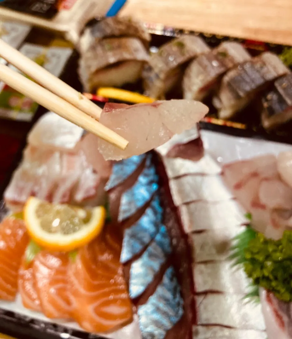 Close-up of a thick slice of mixed sashimi