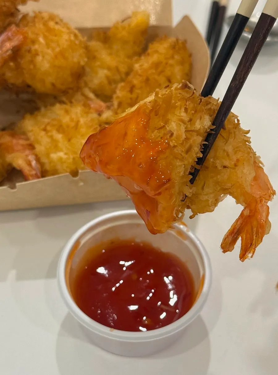 Coconut shrimp fritters and chili shrimp