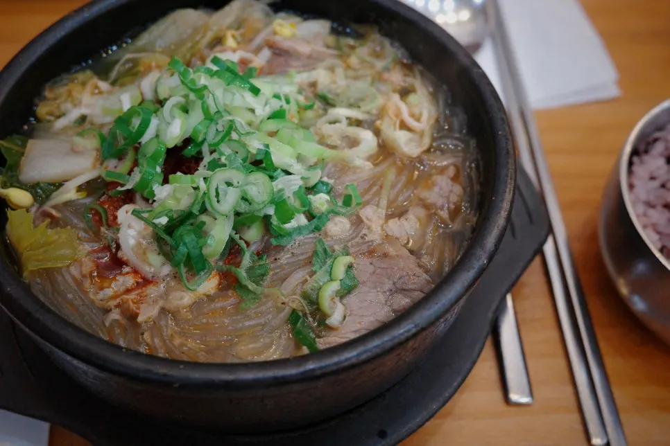 Two bowls of seonji haejangguk served for two