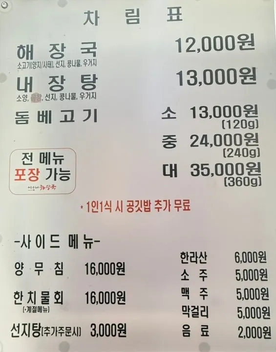 Menu board of Jeju Eunhui-ne Haejangguk Samsong Branch