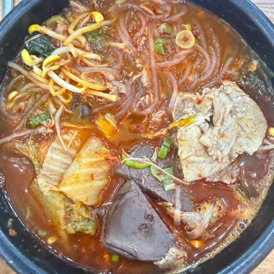 Haejangguk with glass noodles, brisket, and beef blood