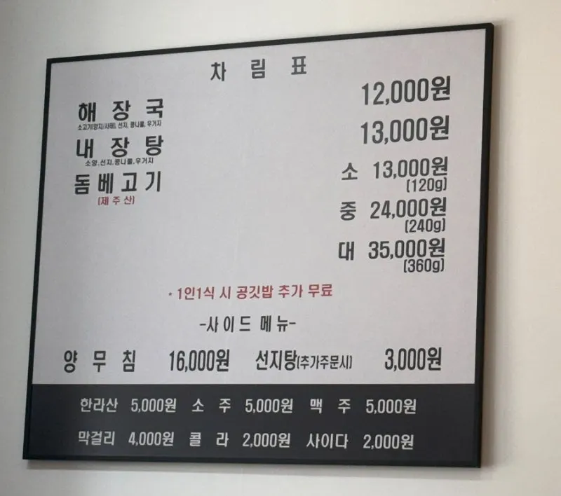 Menu board listing haejangguk and tripe soup prices