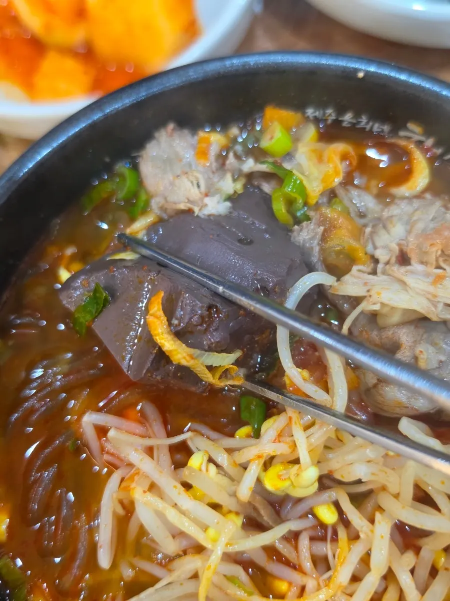 A chunk of meat falling apart along the grain in the haejangguk