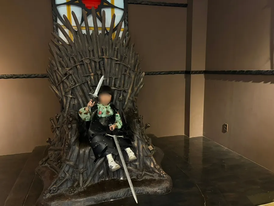 Taking a photo in front of a character