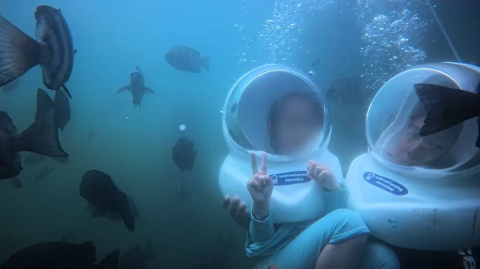 A helmeted child with fish swimming underwater