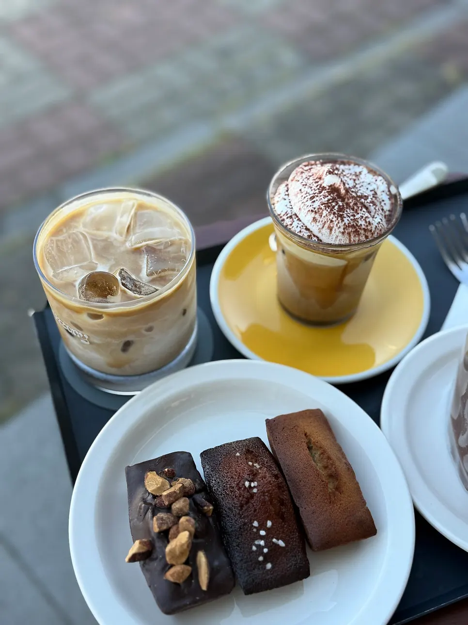 Lattes, chocolate cake, and financiers