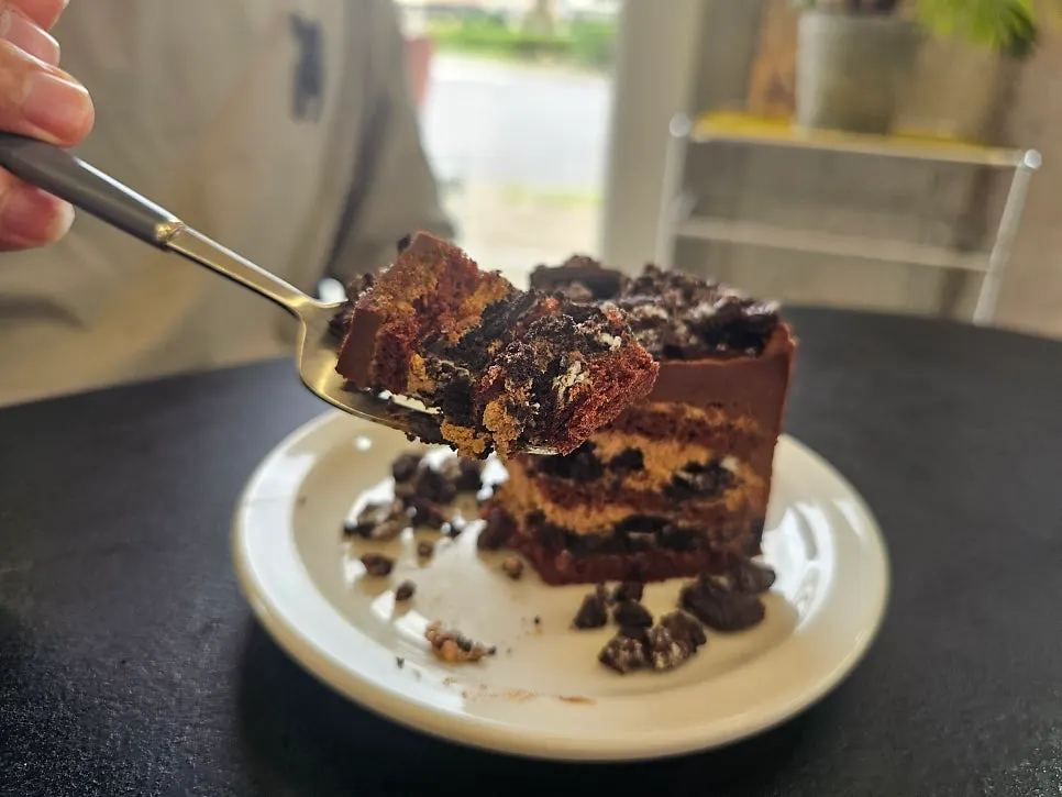 A rich slice of Oreo choco cake