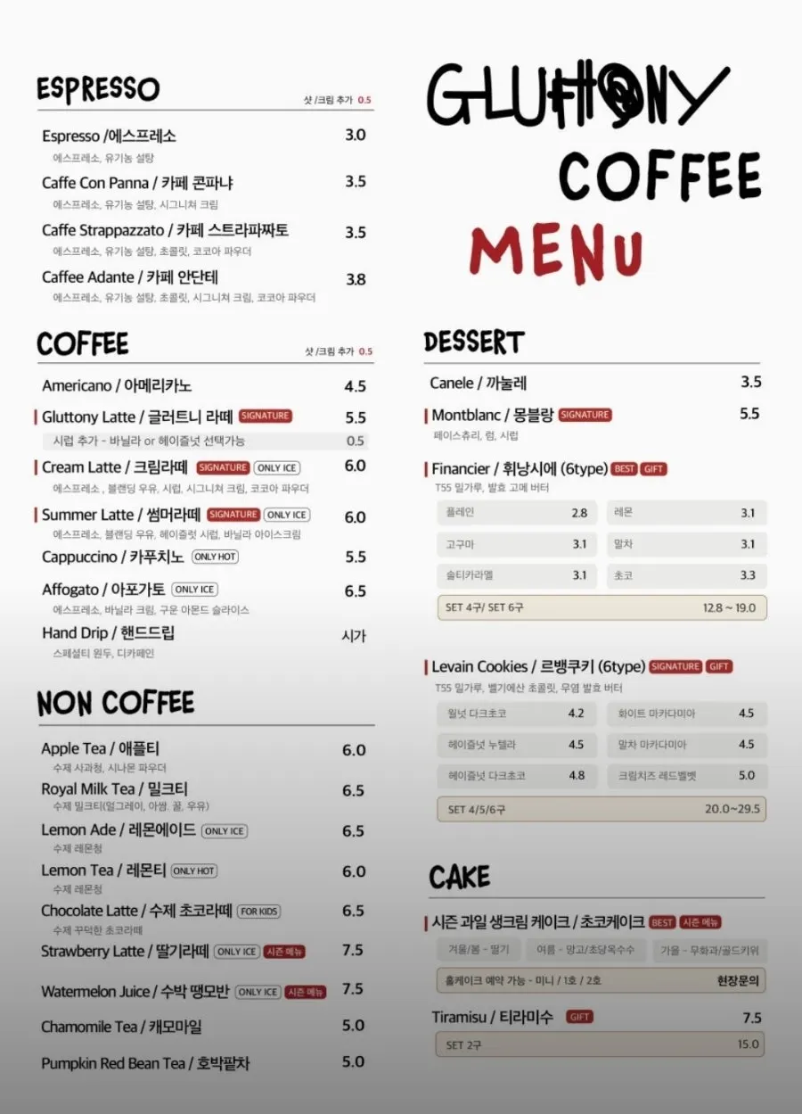 Gluttony Coffee's drink menu board