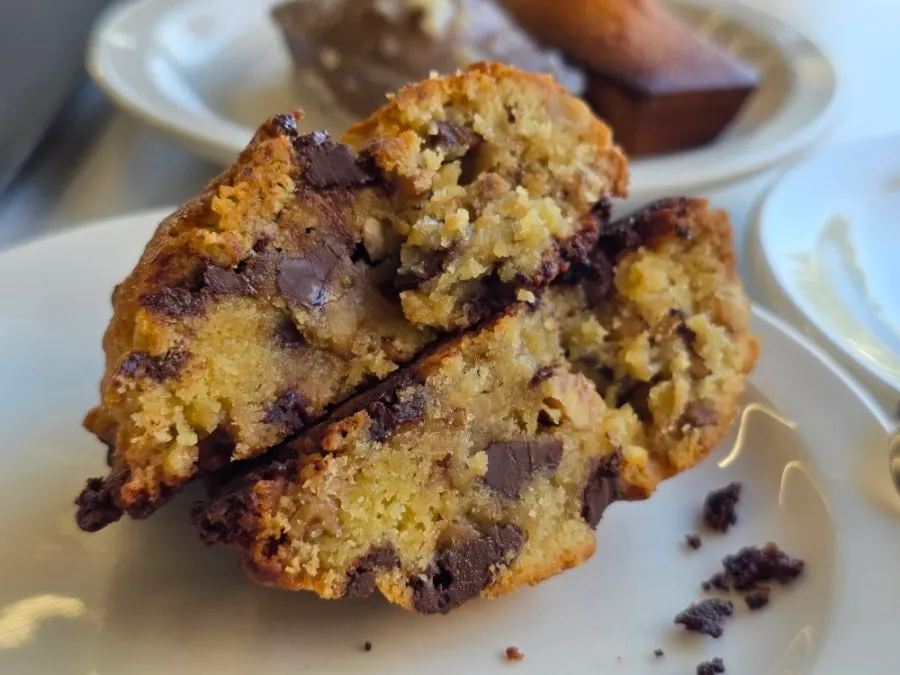 Cross-section of a thick walnut dark-chocolate levain cookie