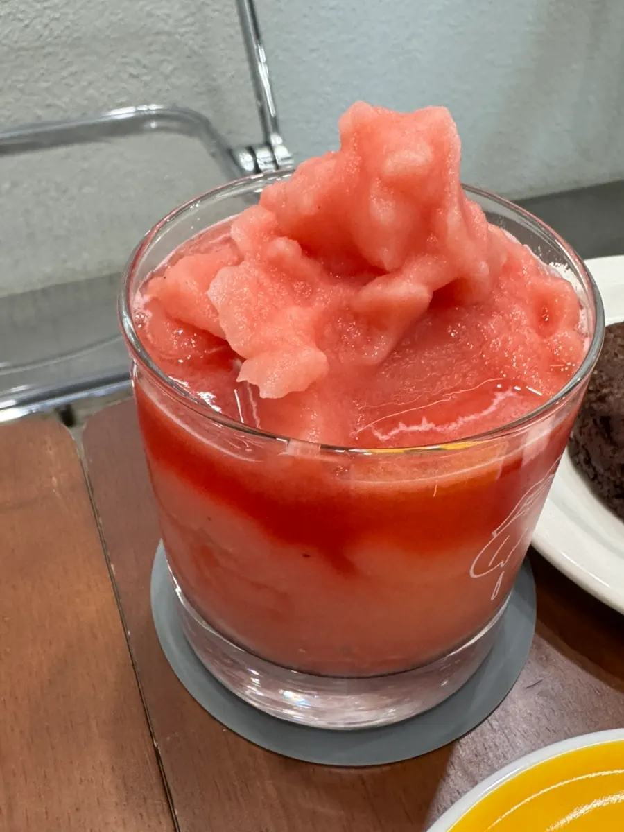 A glass of the seasonal watermelon ttaengmoban at Gluttony Coffee