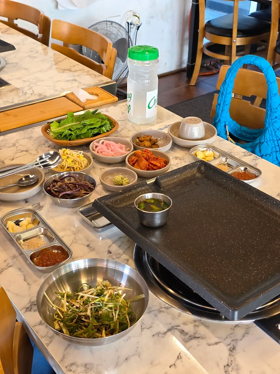 Banchan spread for the Don Gueo black pork set