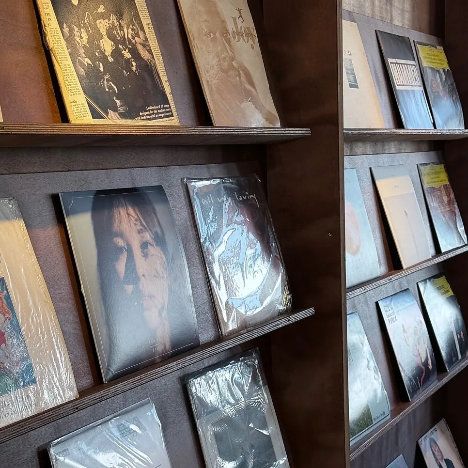 LPs and a turntable available for listening
