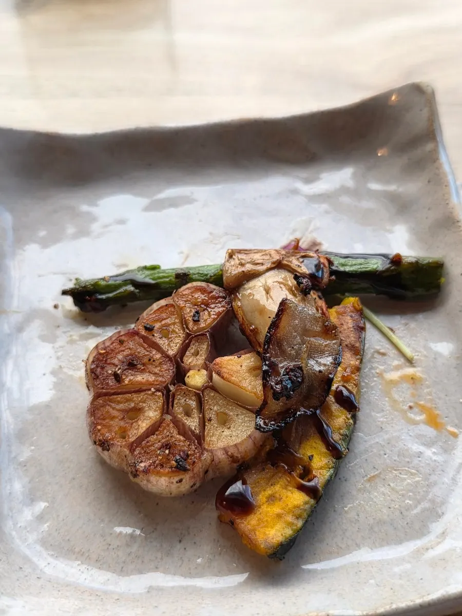 Black pork steak with grilled vegetables