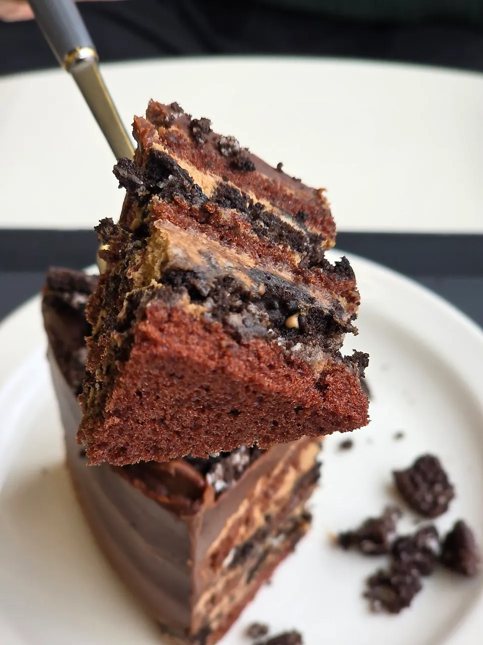 Close-up of the Oreo chocolate cake with a thick chocolate top