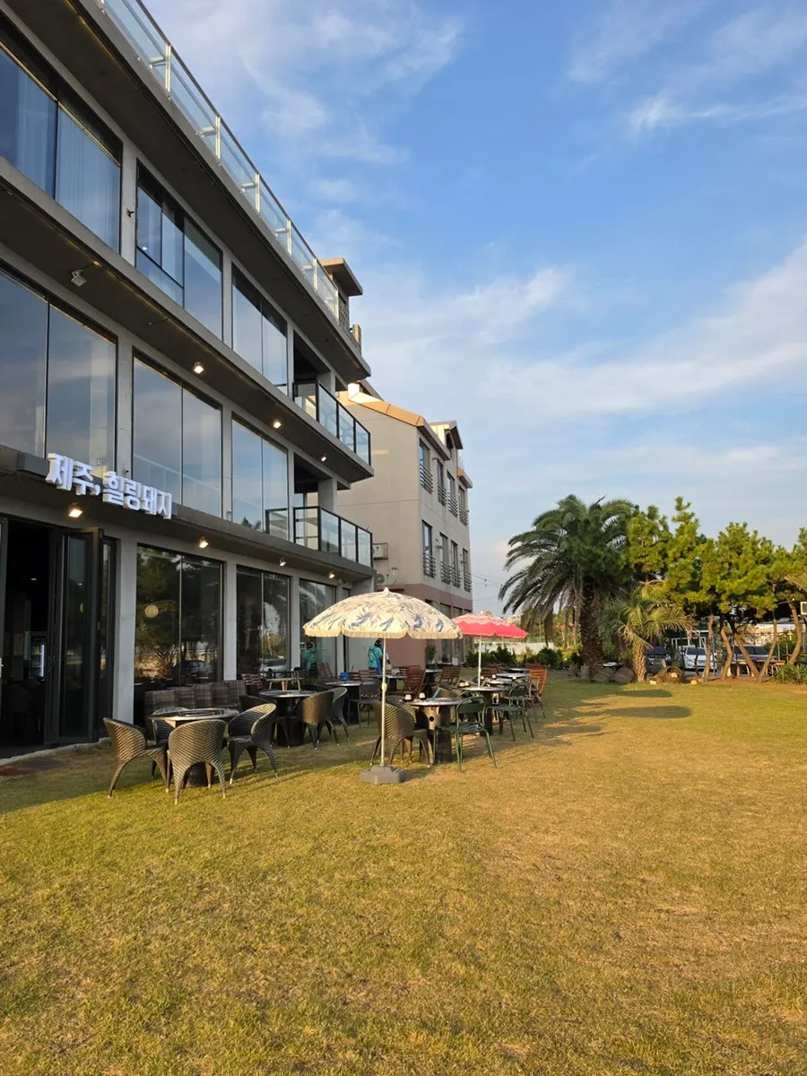 Wide grass lawn in front of Jeju Healing Dwaeji