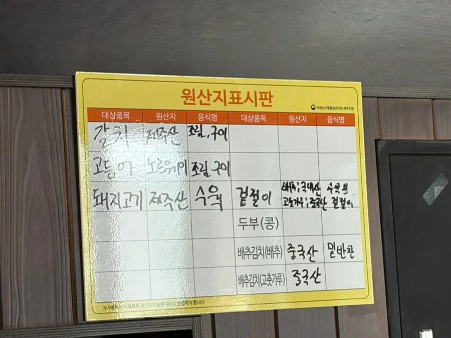 Origin labels for hairtail, mackerel, and pork posted in the restaurant