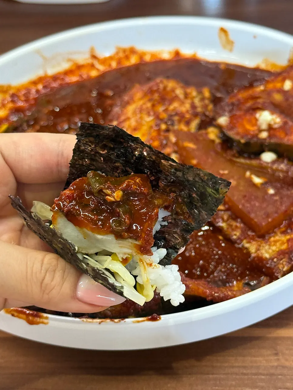 Close-up of the stew pot at Onjeong Jorim Jeju Hyeopjae Branch