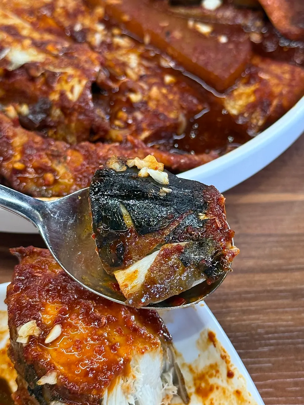 Close-up of seasoned mackerel stew