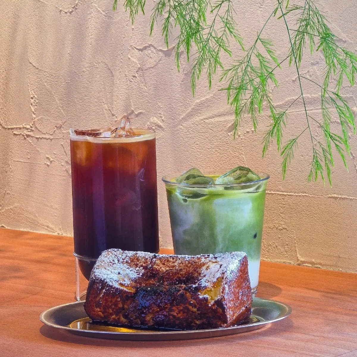 Raicho French toast with iced americano and iced matcha latte