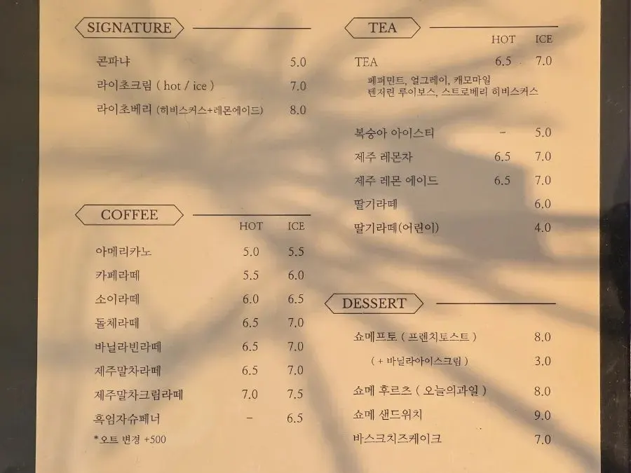 Raicho café's menu board