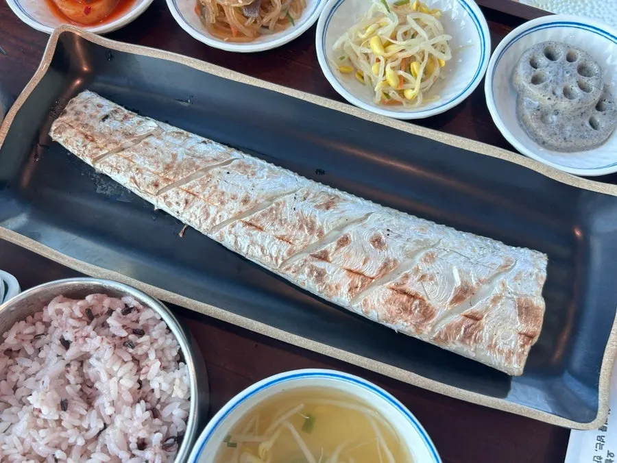 One whole Jeju hairtail-fish grilled in the wood-fired oven