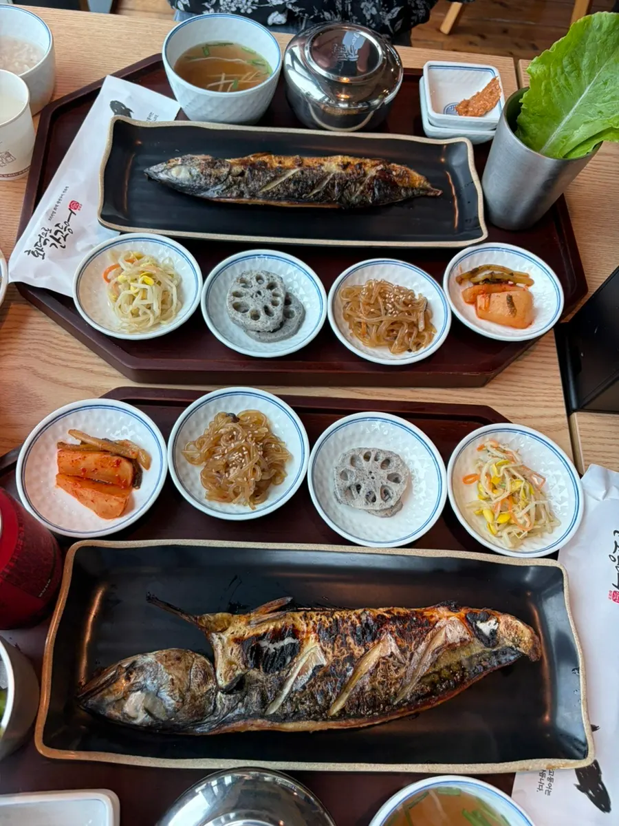 Generous grilled mackerel meal spread