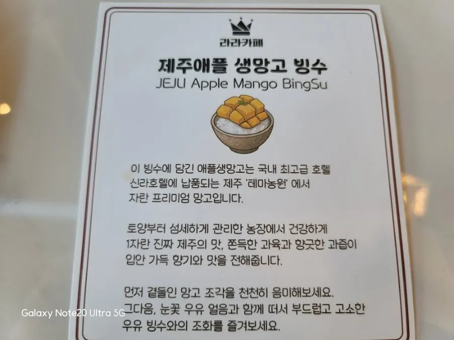 Apple mango bingsu in a brass bowl with instructions