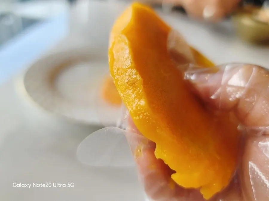 A gloved hand holding an apple mango piece