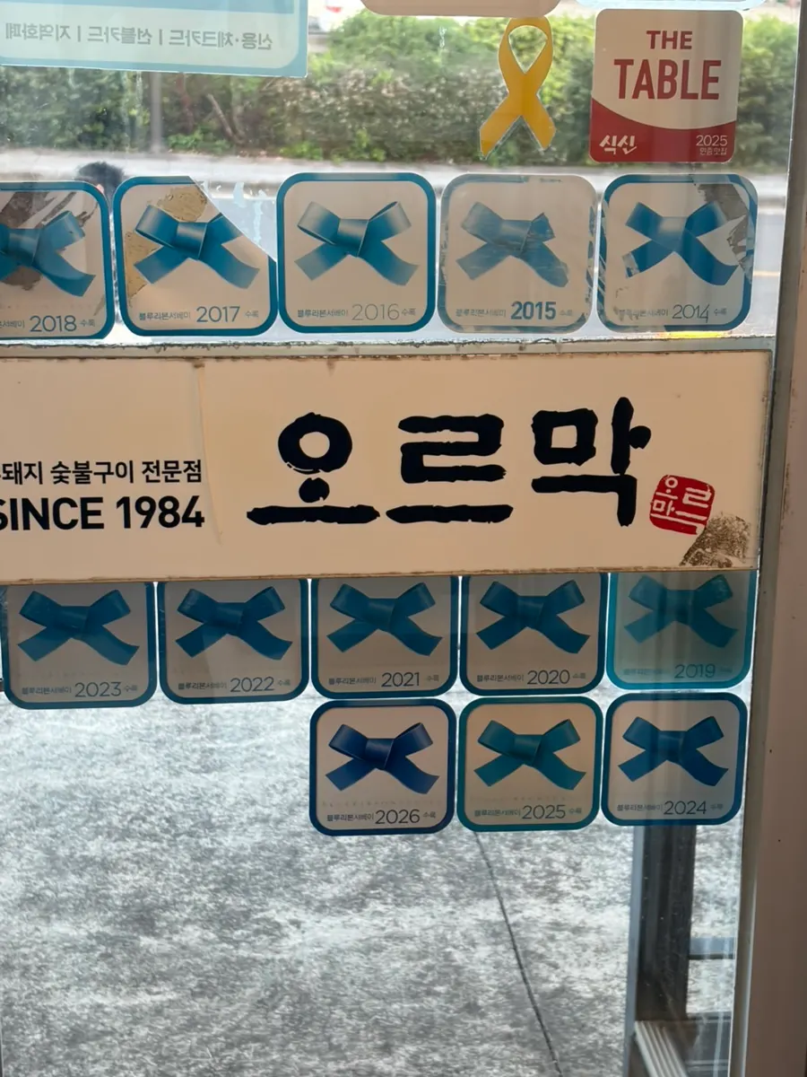 Entrance glass door covered with Blue Ribbon marks