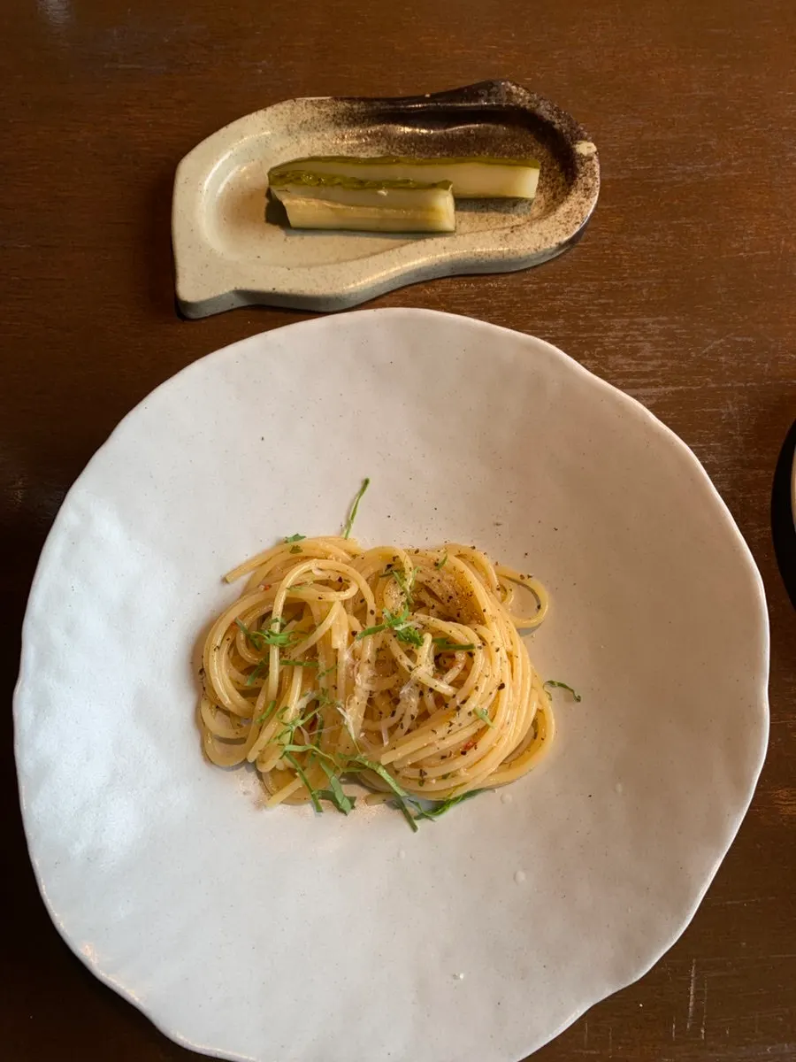 Chorizo oil pasta with house-made pickles
