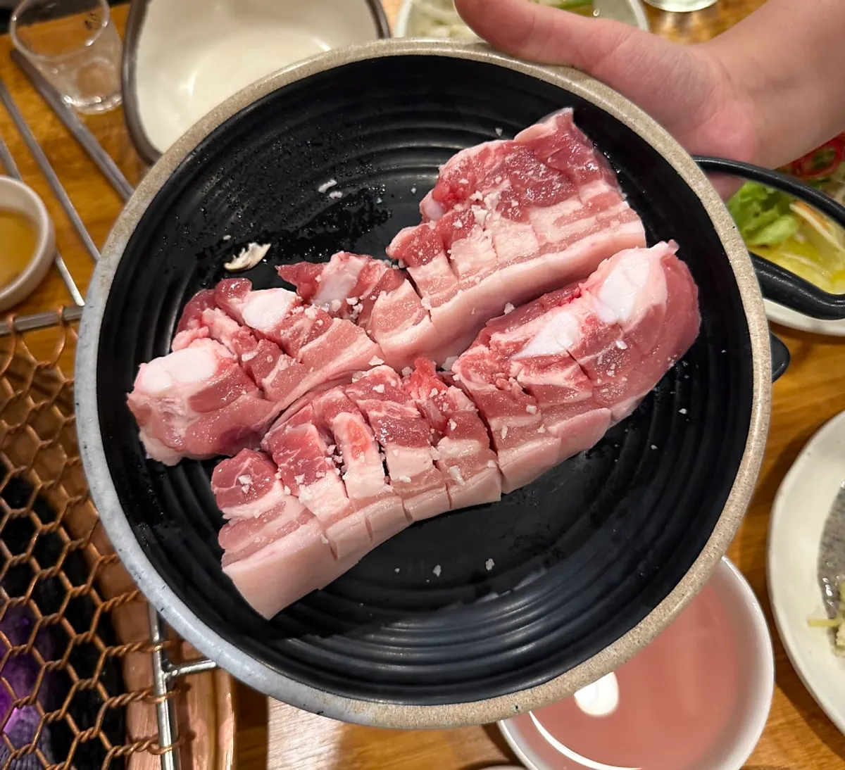 Jeju black pork belly on the copper grill