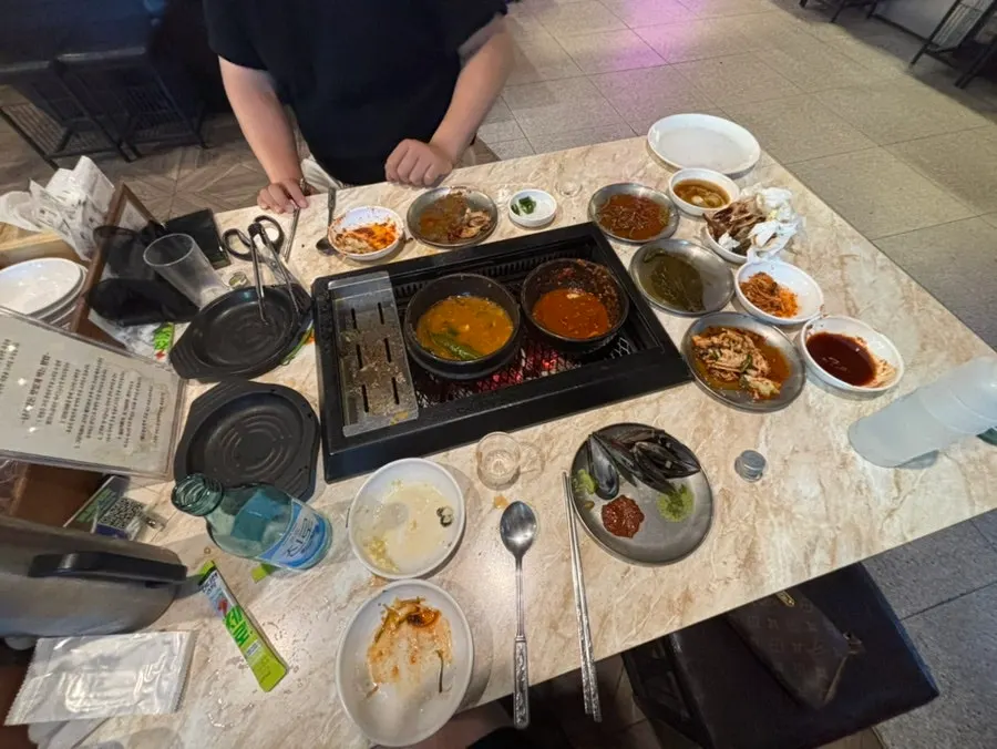 Table after finishing 1kg of black pork and four bottles of soju