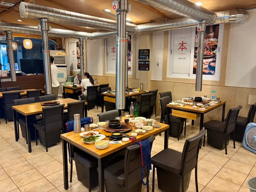 Wide view of the spacious restaurant interior tables