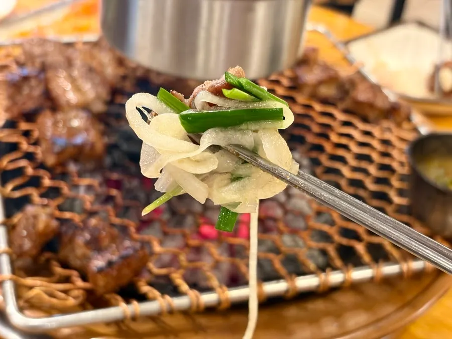 Seasoned ribs eaten together with side dishes