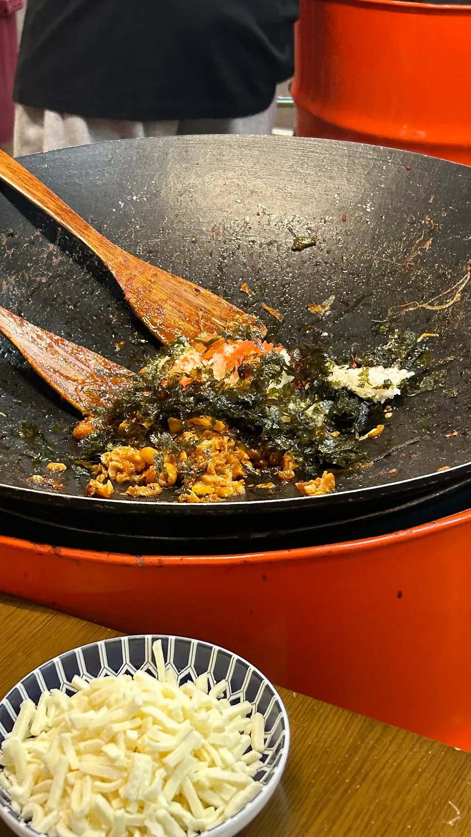 Cheese fried rice made with flying fish roe, seaweed flakes, and kimchi