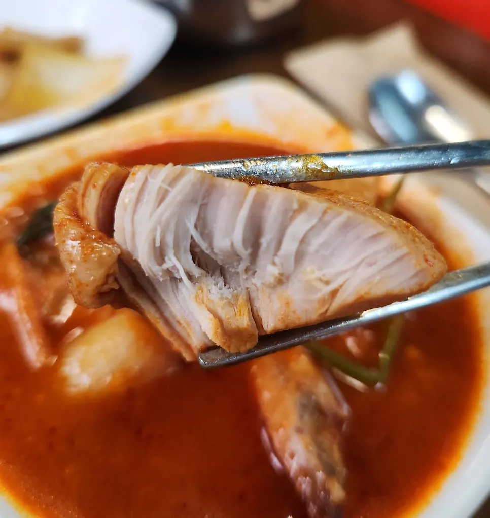 Tender chicken and rice cakes lifted out of the pot