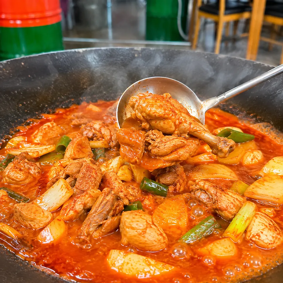 Close-up of dakdoritang boiling in an iron lid