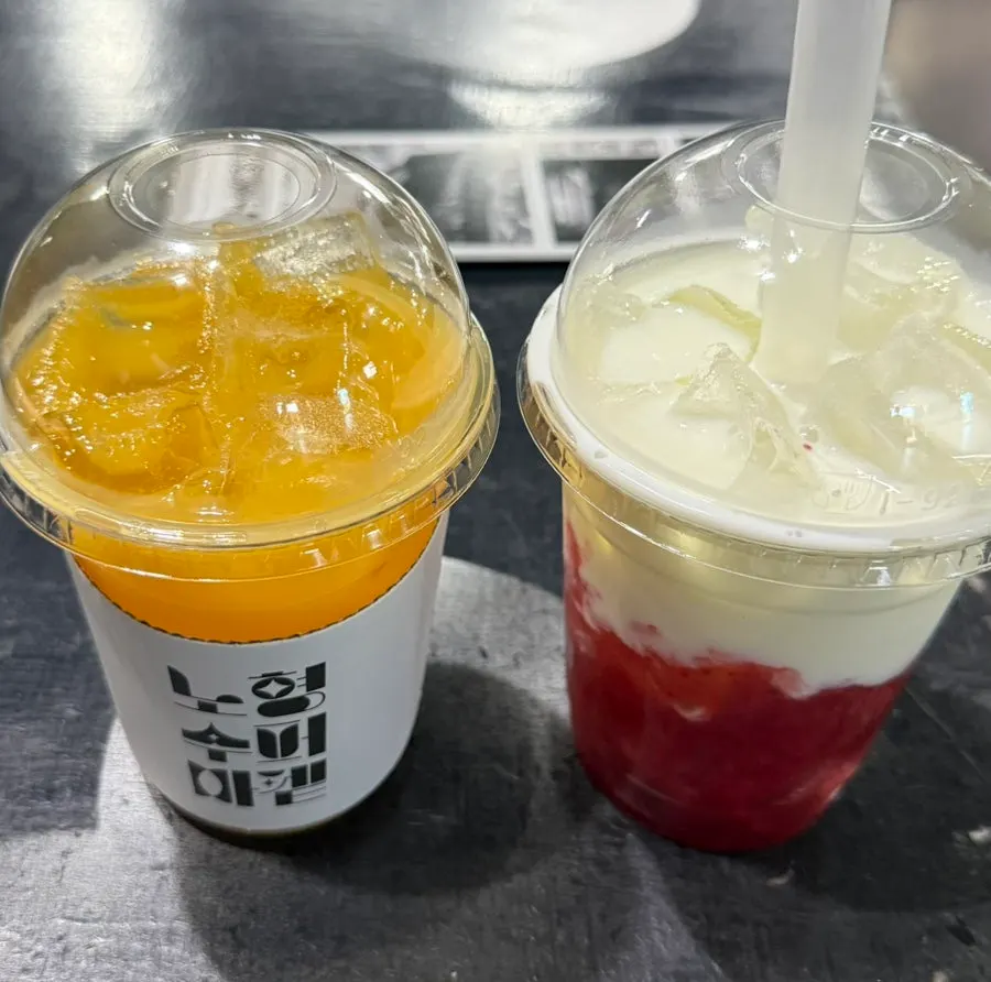 Drinks on the café table at Nohyeong Supermarket