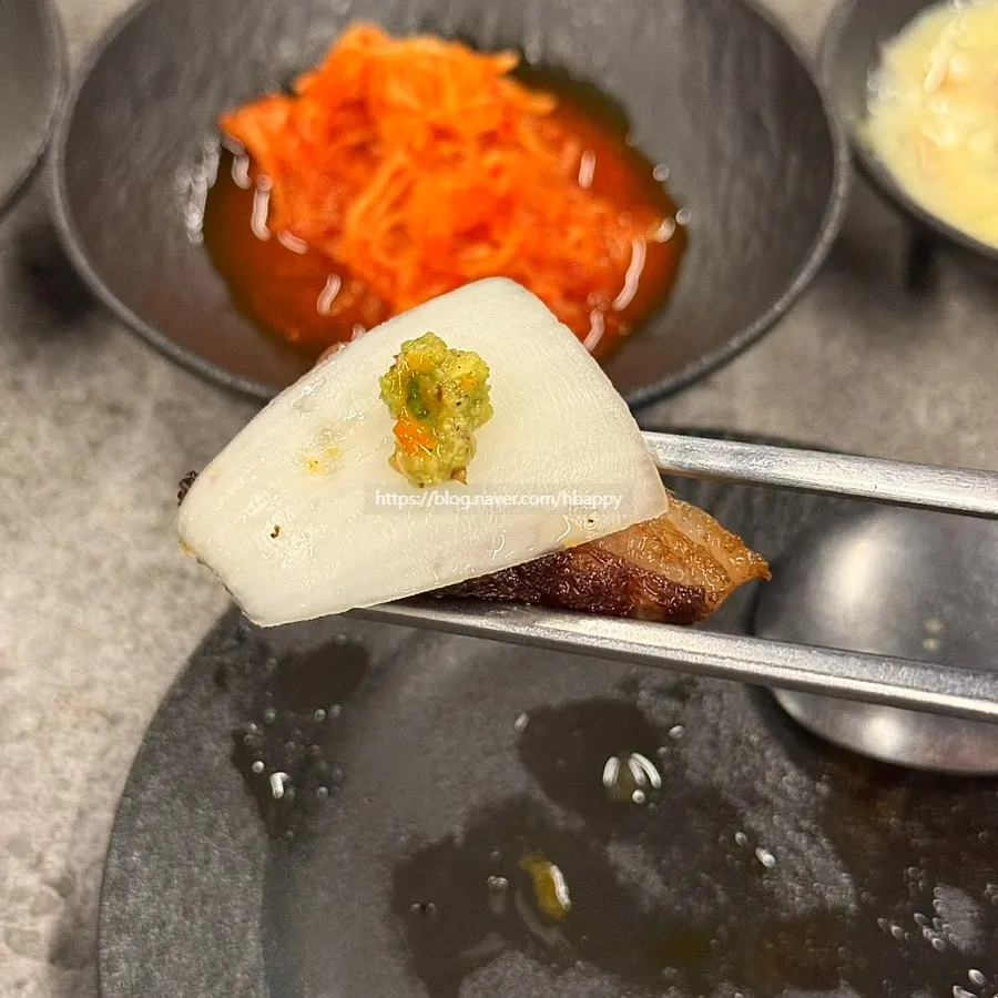 Galbi meat served with cucumber pickle and ssamjang