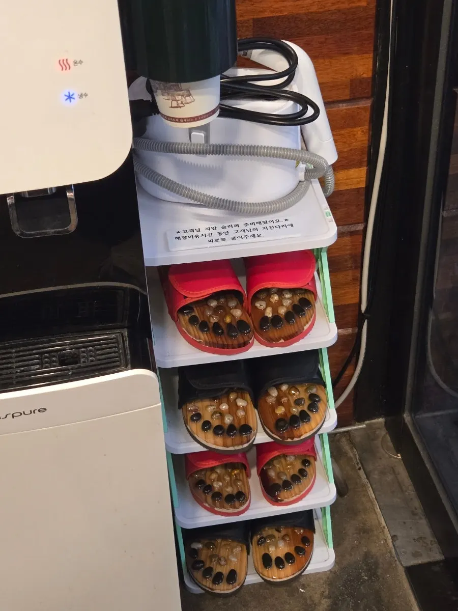 Acupressure slippers placed in the restaurant