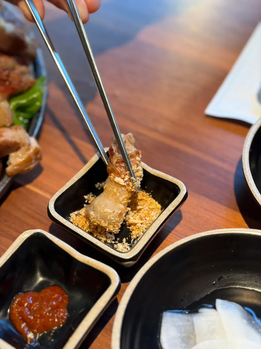Black pork belly dipped in breadcrumb salt