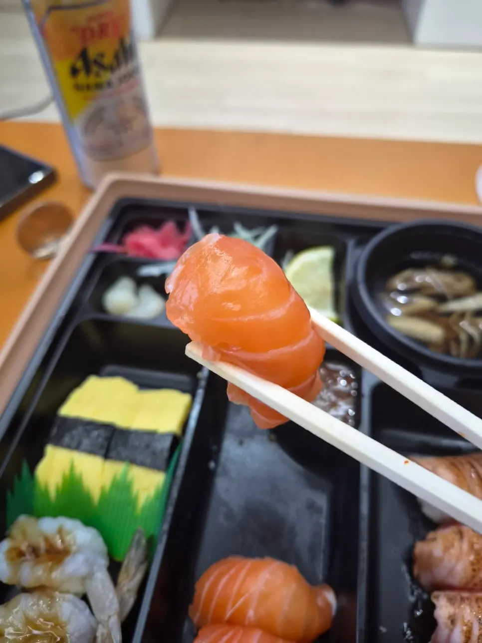 Sushi arranged by type in the box